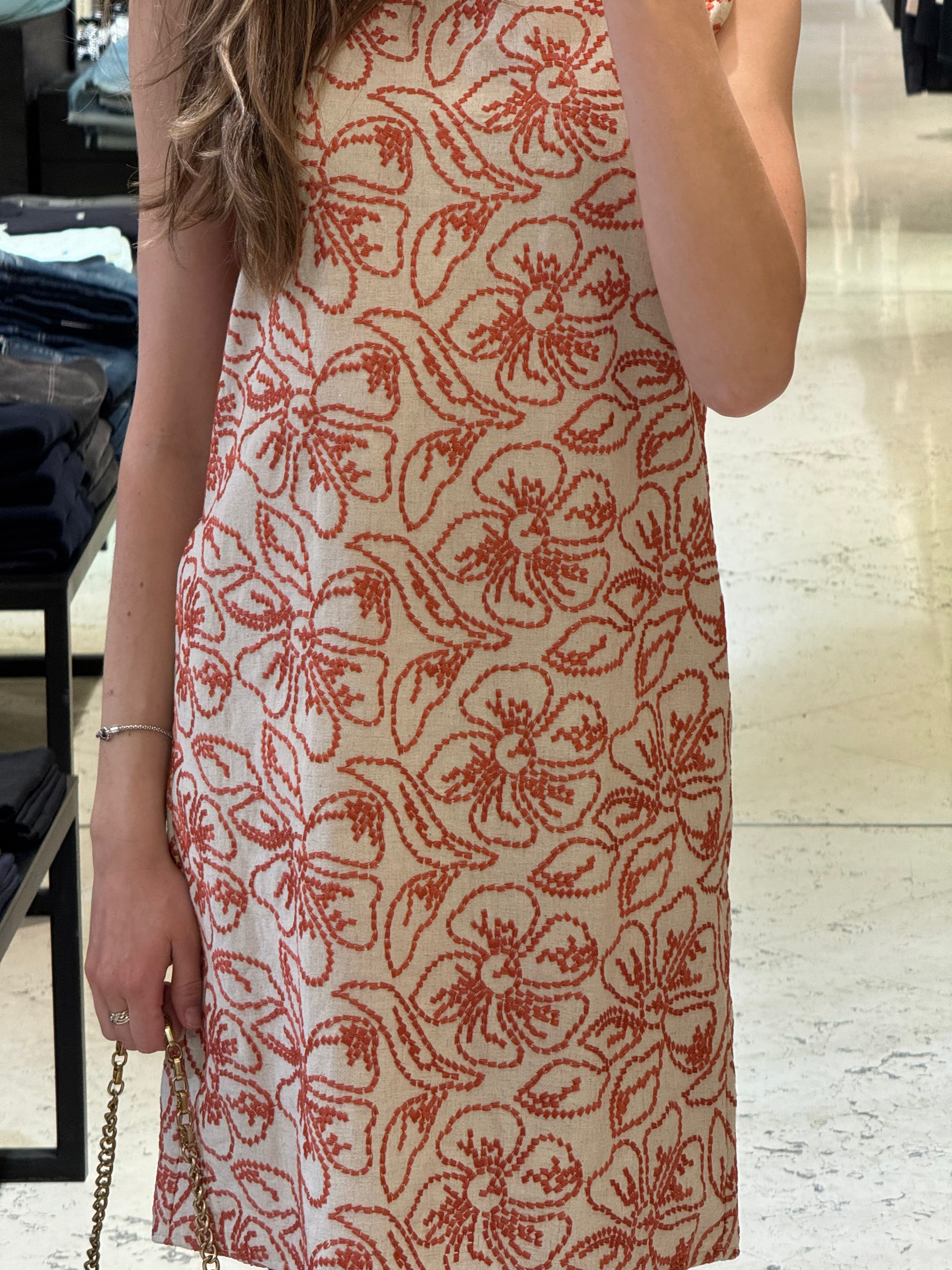 Cremefarbenes ärmelloses Kleid mit orangefarbenem Muster – Baumwolle & Leinen Mix