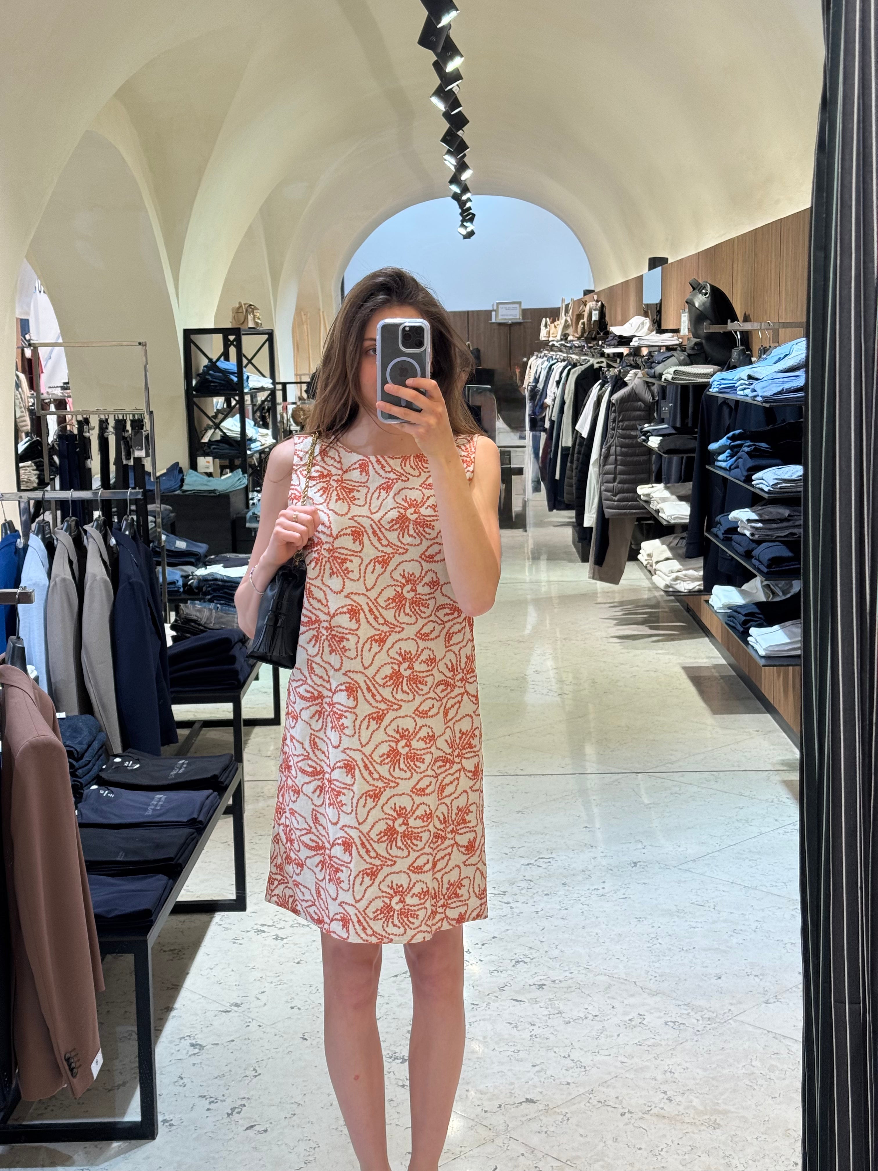 Cremefarbenes ärmelloses Kleid mit orangefarbenem Muster – Baumwolle & Leinen Mix